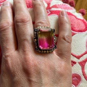 Rainbow Fluorite Faceted Crystal Silver Ring - 7.75